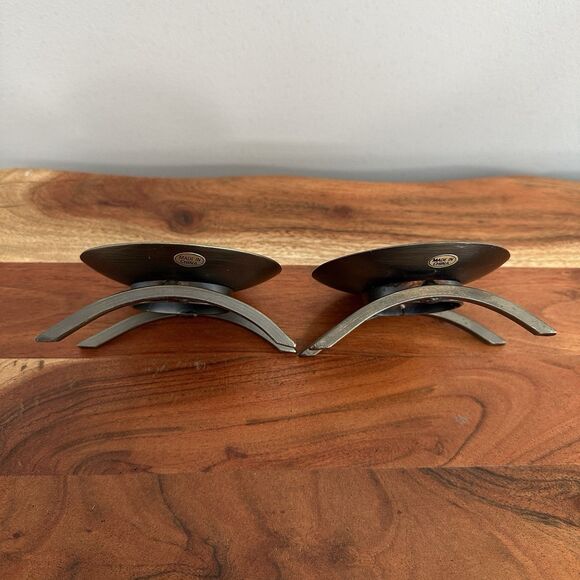 2- Pillar Candlestick Holder 4.5" Bronze Metal Brutalist MCM Modern Art Abstract - Picture 4 of 13